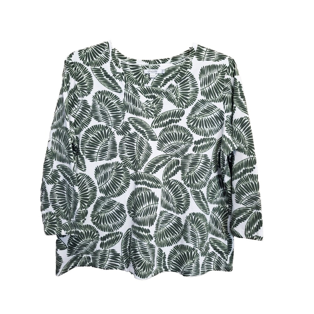 Chico's Cotton Blend V-Neck 3/4 Sleeve Leaf Print Top Size 3 (XL)